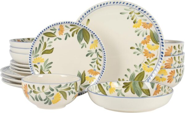 Oprah's Favorite Things -  Double Bowl Hand Painted Stoneware Plates and Bowls Floral Dinnerware Set, Service for Four (16pcs)