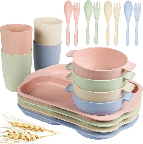 Wheat Straw Dinnerware Cutlery Set, 20 PCS Kids Toddlers Divided Plates and Bowls Sets, Microwave Unbreakable Tableware Spoon Knife Cup, Dishwasher Safe for Kitchen Picnic School