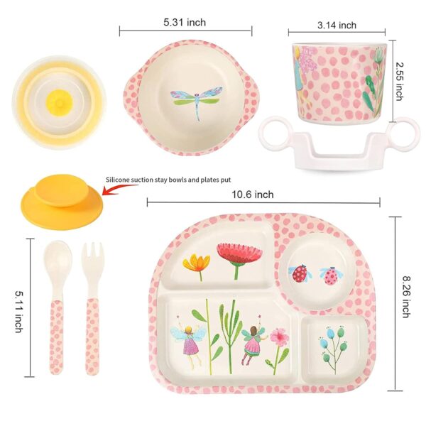 7Pcs/Set Bamboo Kids Dinnerware Set - Children Dishes - Food Plate Bowl Cup Spoon Fork Set Dishware, Cartoon Tableware, Dishwasher Safe Kids Healthy Mealtime,  Free - Image 2