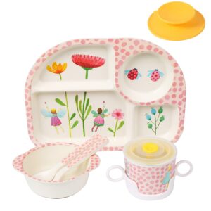 7Pcs/Set Bamboo Kids Dinnerware Set - Children Dishes - Food Plate Bowl Cup Spoon Fork Set Dishware, Cartoon Tableware, Dishwasher Safe Kids Healthy Mealtime,  Free