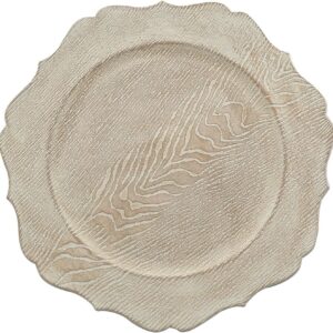 6 Rustic White 13 in Wooden Round Acrylic Charger Plates Scalloped Trim Wedding Party Events Reception Tableware Decorations