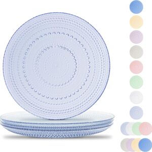 Blue Glass Plates set of 4  design textured plates with dot pattern blue glassware, pair with matching wine glasses and drinking glasses.