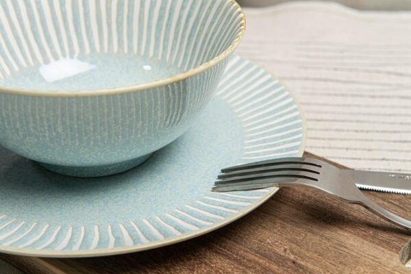12-Piece Reactive Blue Ceramic Dinnerware Set Bali Breeze Blue Elegant Table Setting for Every Occasion - Microwave & Dishwasher Safe Stackable - Image 2