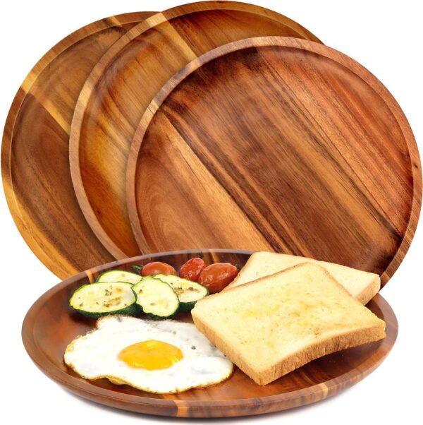 Wooden plates (set of 4-11inch) Dinner Plates, Acacia Round Wood Plates, Unbreakable Classic Plates, Easy Cleaning & Lightweight for Dishes Snack, Dessert, Housewarming, Christmas Gift
