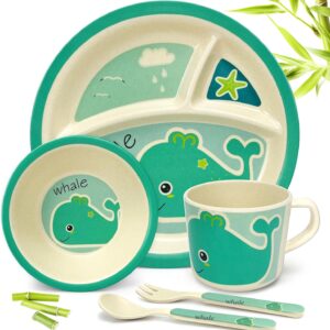5 Pcs Bamboo Kids Plates and Bowls Sets, Unbreakable Plastic Toddler Dinnerware Set Include Divided Plate, Bowl, Cup, Spoon, Fork, Durable Children Cartoon Tableware (Cyan Whale)