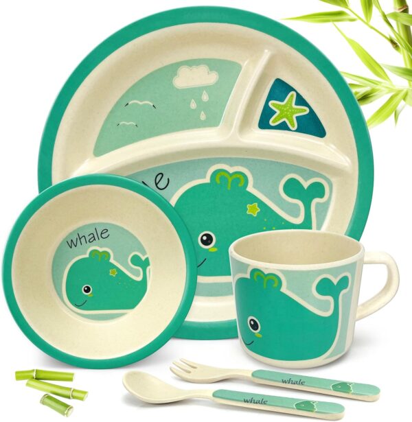 5 Pcs Bamboo Kids Plates and Bowls Sets, Unbreakable Plastic Toddler Dinnerware Set Include Divided Plate, Bowl, Cup, Spoon, Fork, Durable Children Cartoon Tableware (Cyan Whale)