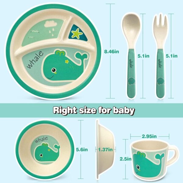 5 Pcs Bamboo Kids Plates and Bowls Sets, Unbreakable Plastic Toddler Dinnerware Set Include Divided Plate, Bowl, Cup, Spoon, Fork, Durable Children Cartoon Tableware (Cyan Whale) - Image 2