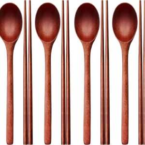Wooden Spoon and Chopsticks Set Long Handle Spoon Chopstick Flatware Reusable Tableware Combination Utensils for Eating Food, 9.3 Inch (8)