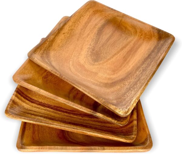 Wooden Plates, Set of 4, 8" Square, Durable Acacia Hardwood, Versatile Tableware for Side Dish, Bread, Snacks, Desserts, Charcuterie Server, Natural, Rustic Decorative Design.