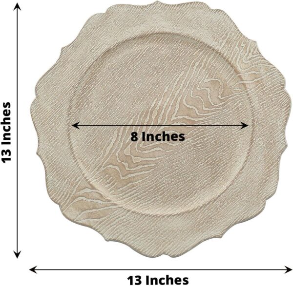 6 Rustic White 13 in Wooden Round Acrylic Charger Plates Scalloped Trim Wedding Party Events Reception Tableware Decorations - Image 2