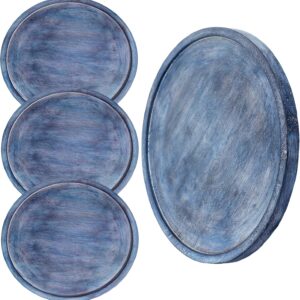 Wooden Plates Round Dinner Plates 11 Inch Acacia Wood Serving Tray Wooden Serving Platters for Home Decor, Vegetables, Fruit, Charcuterie, Appetizer Tray (Set of 4) - Carob Blue