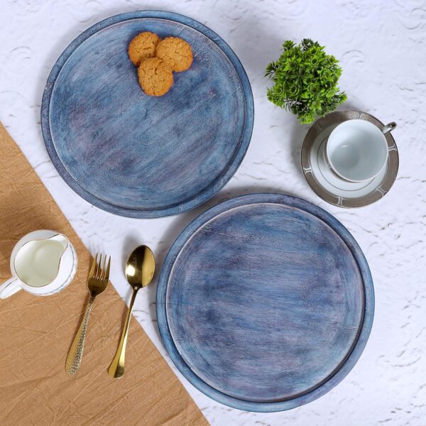 Wooden Plates Round Dinner Plates 11 Inch Acacia Wood Serving Tray Wooden Serving Platters for Home Decor, Vegetables, Fruit, Charcuterie, Appetizer Tray (Set of 4) - Carob Blue - Image 2